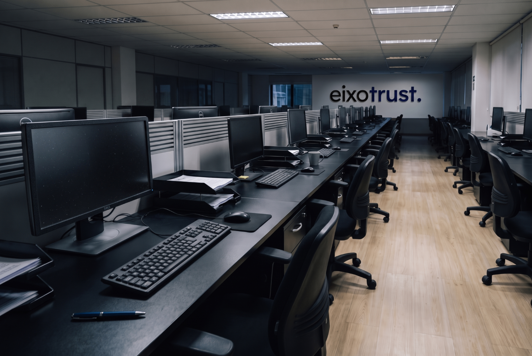 Escritório EixoTrust — recepção com marca na parede